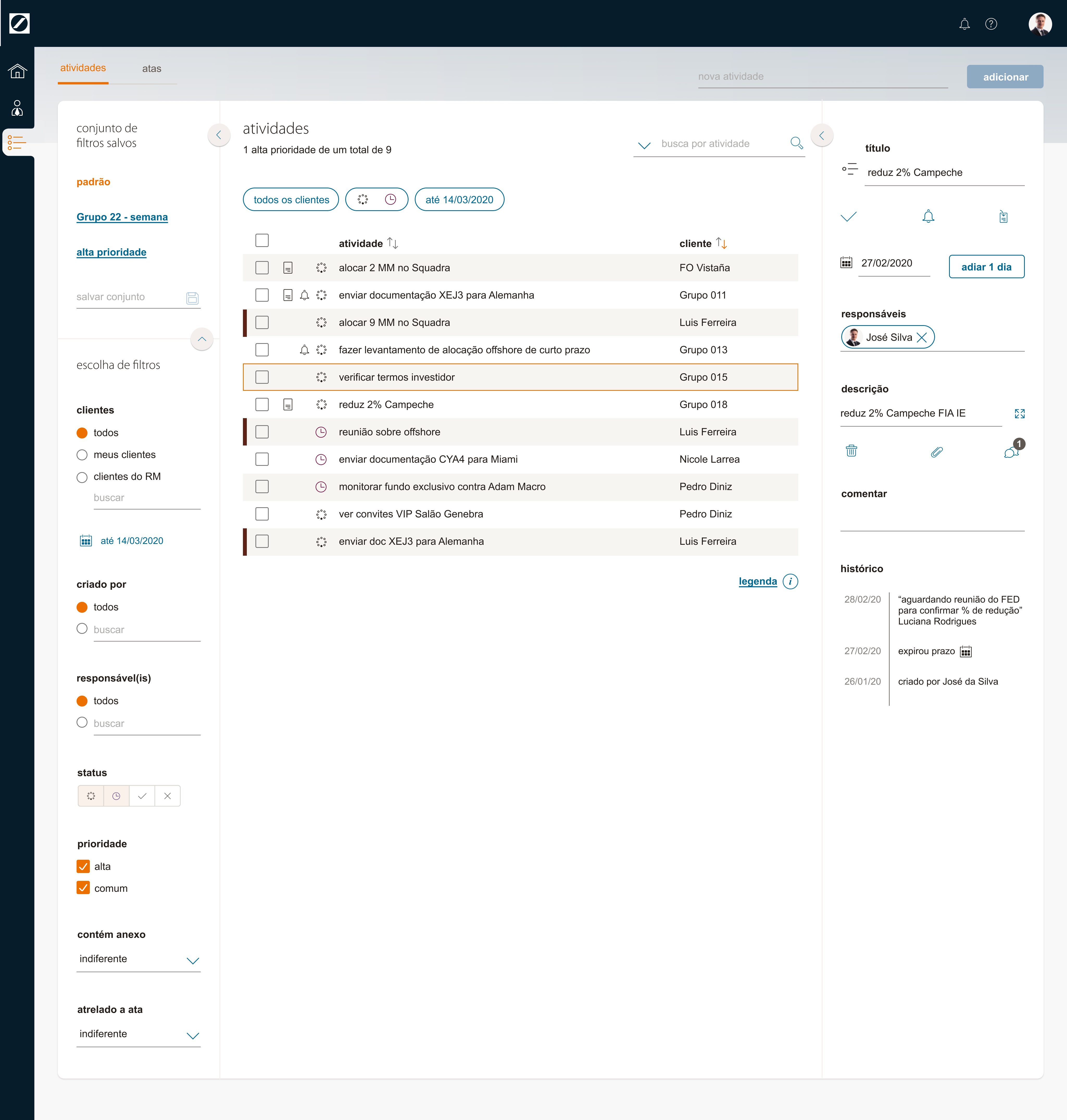 Versão final da tela de atividades (trabalho de UX/UI)